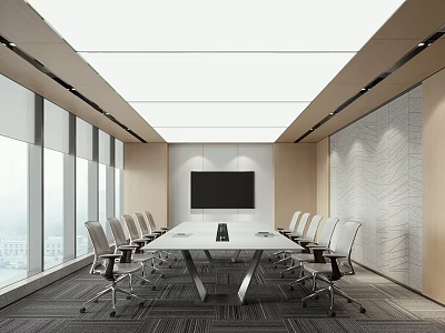 Modern Bright Spacious Conference Room With Large Meeting Table Comfortable Office Chairs And Wall Screen 3d model