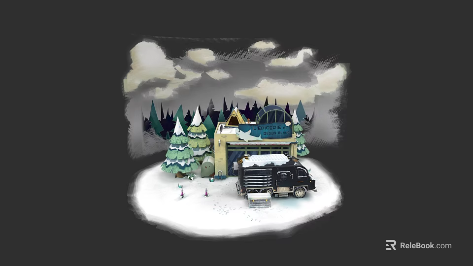 Black Truck Parked at Gas Station in Snowy Scene With Snow Covered Pine Trees 3d model 