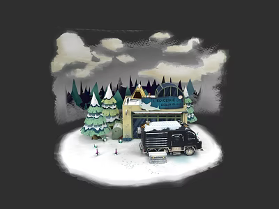 Black Truck Parked at Gas Station in Snowy Scene With Snow Covered Pine Trees 3d model