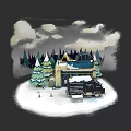 Black Truck Parked at Gas Station in Snowy Scene With Snow Covered Pine Trees