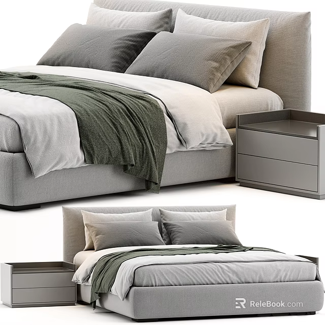 Modern Double Bed Setup With Gray Bedding Pillows And Side Table 3d model 