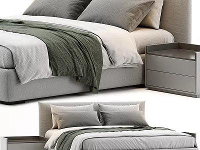 Modern Double Bed Setup With Gray Bedding Pillows And Side Table 3d model