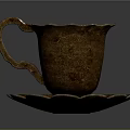 Vintage Copper Cup With Textured Surface Curved Handle And Petal Edge Saucer