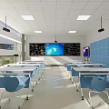 School Modern Classroom Featuring Smart Blackboard Display Screen Blue Walls And Neat Desks Chairs
