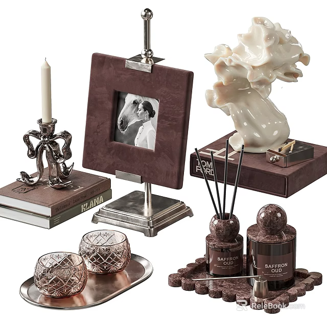 Elegant Decorative Ornament Combination with Photo Frame Candle Sculpture and Aromatic Bottles 3d model 