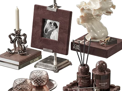 Elegant Decorative Ornament Combination with Photo Frame Candle Sculpture and Aromatic Bottles 3d model