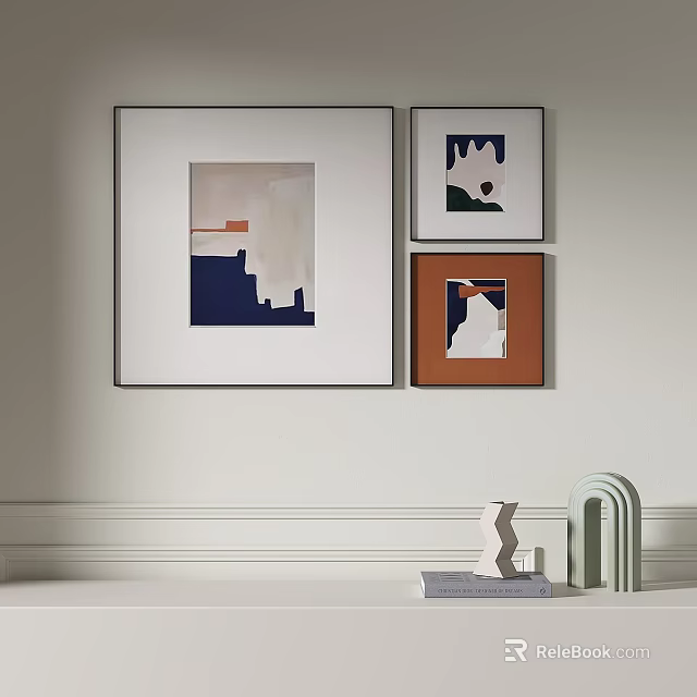 Modern Framed Abstract Paintings on White Wall with Decorative Sculptures Below 3d model 