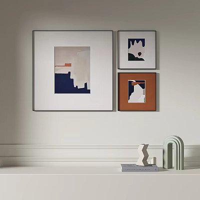 Modern Framed Abstract Paintings on White Wall with Decorative Sculptures Below 3d model