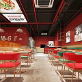 Modern Chinese Restaurant Interior With Red Green Decor Hanging Food Signs And Dining Tables