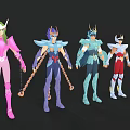Five Colorful Armored Warrior Characters With Unique Helmets Standing In Row
