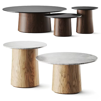 Modern Round Coffee Table With Wooden Cylindrical Base And Concrete Top 3d model
