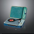 Vintage Portable Record Player With Open Green Case Red Vinyl And Turntable Needle