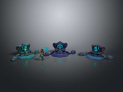 Futuristic Tech Style Scene With Three Blue Glowing Devices And Small Humanoid Figure On Gray Background 3d model