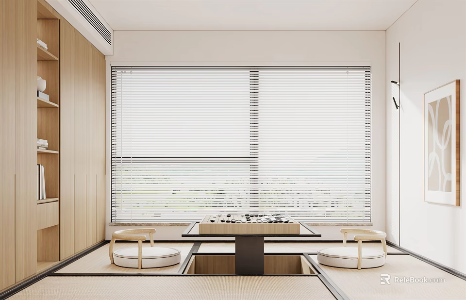 Serene Study Room With Wooden Bookshelves Window Blinds Tatami Floor Low Table And Cushioned Chairs 3d model 