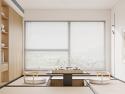 Serene Study Room With Wooden Bookshelves Window Blinds Tatami Floor Low Table And Cushioned Chairs 3d model