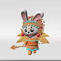 Cute Cartoon Rabbit Character In Traditional Costume With Ornate Headdress And Golden Spear