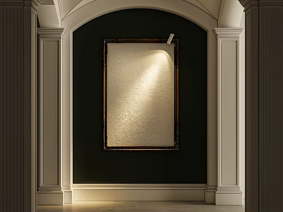 Elegant Framed Abstract Painting In Arched Doorway With Dark Wall Spotlight And White Columns 3d model