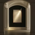 Elegant Framed Abstract Painting In Arched Doorway With Dark Wall Spotlight And White Columns