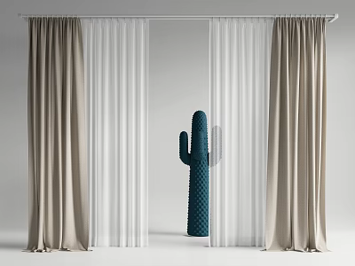 Beige And White Layered Curtains For Minimalist Interior With Green Cactus Decor 3d model