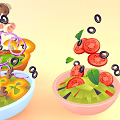 Colorful Bowls Containing Fresh Salad With Flying Tomatoes Mushrooms Olives And Onion Rings