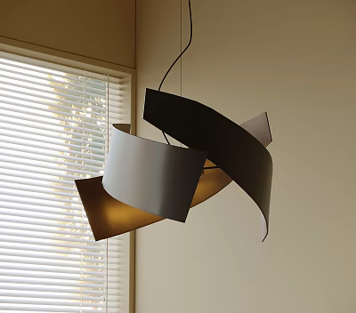 Modern Unique Curved Metal Pendant Light In Black Gold For Room Interior With Blinds 3d model