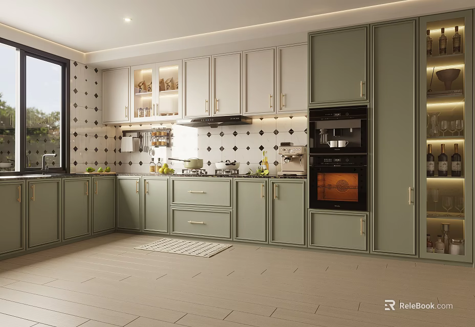 Modern Open Kitchen Interior Design With Green Cabinets Island Counter And Appliances 3d model 