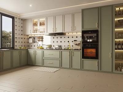 Modern Open Kitchen Interior Design With Green Cabinets Island Counter And Appliances 3d model