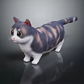 Gray And White Striped Chubby Cat With Large Round Yellow Eyes On Black Reflective Background