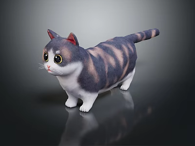 Gray And White Striped Chubby Cat With Large Round Yellow Eyes On Black Reflective Background 3d model