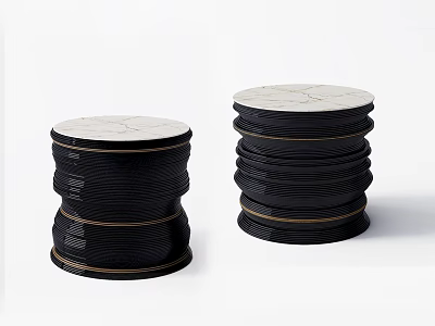 Modern Black Layered Design Side Tables With White Circular Marble Tops 3d model