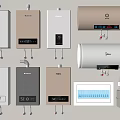 Household Appliances Display Featuring Modern Gas And Electric Water Heaters In Multiple Colors