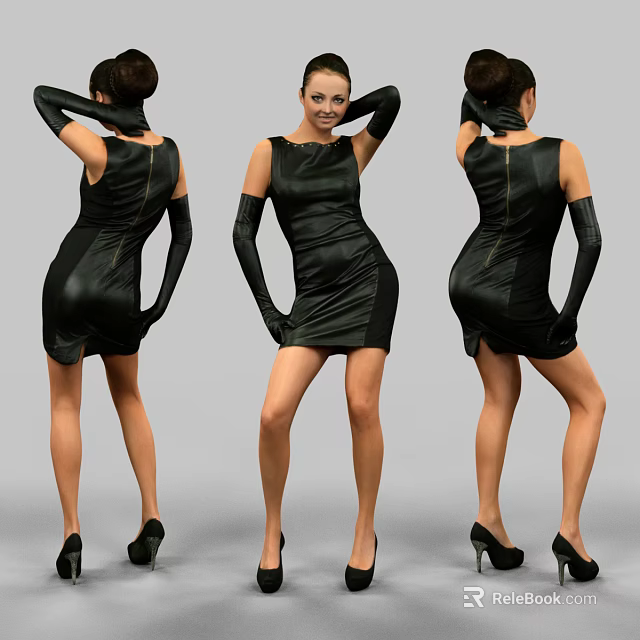 Woman In Black Dress With Long Gloves And High Heels Different Poses 3d model 