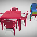 Red Plastic Table and Chairs Furniture with Colorful Stackable Plastic Chairs 3d model