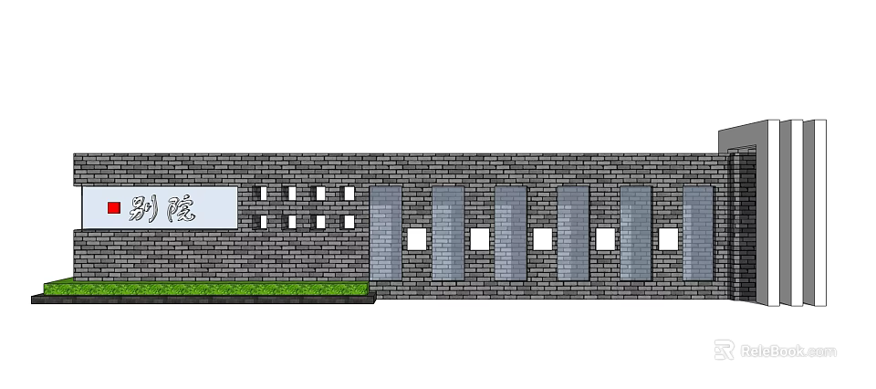 Modern Gray Brick Feature Wall With Rectangular Openings And Green Lawn Base 3d model