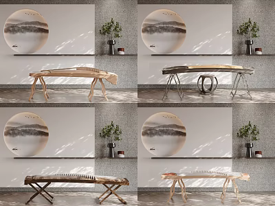 Traditional Chinese Instruments and Art Supplies with Round Ink Painting Plant on Wooden Metal Stands 3d model