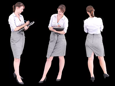 Professional Woman In White Shirt And Striped Skirt Holding Notebook And Pen From Three Angles 3d model