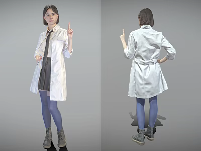 Woman Wearing White Lab Coat Shirt Tie Black Skirt Blue Tights Gray Shoes Pointing Upwards 3d model