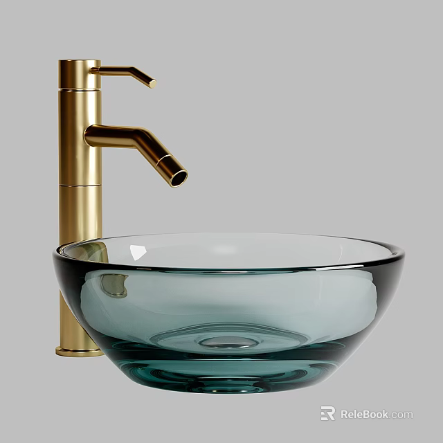Stylish Modern Teal Glass Vessel Washbasin With Gold Faucet In Bathroom 3d model 