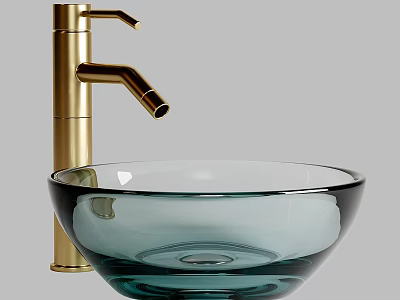 Stylish Modern Teal Glass Vessel Washbasin With Gold Faucet In Bathroom 3d model