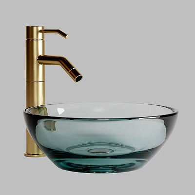 Stylish Modern Teal Glass Vessel Washbasin With Gold Faucet In Bathroom 3d model