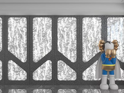 Gray Background Wall With Irregular Geometric Cutouts And Silver Reflective Material Nearby Cartoon Character Figurine 3d model