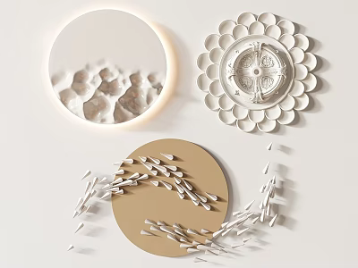 Modern Circular Wall Decor With Lighted Mirror Floral Design And Feather Accents 3d model