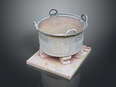 Decorative Household Metal Container With Ring Handles And Carved Patterns On Square Base 3d model
