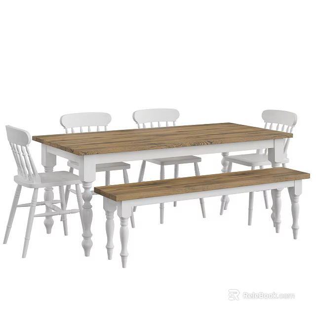 Rustic Dining Table Set with Wooden Top White Legs Four Chairs and Bench 3d model 