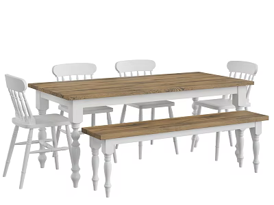 Rustic Dining Table Set with Wooden Top White Legs Four Chairs and Bench 3d model