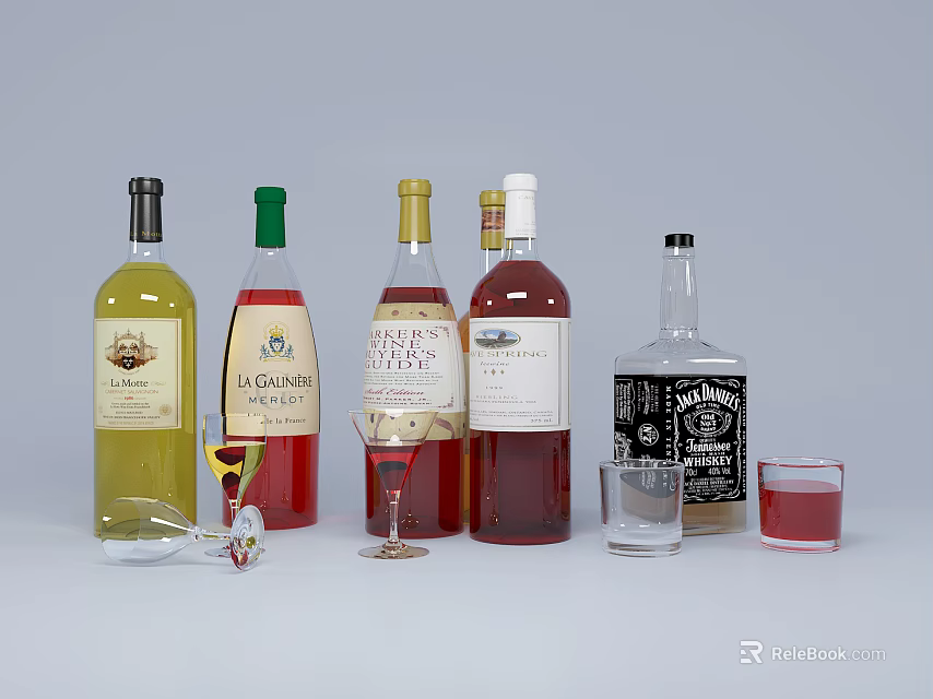 Colorful Wine Bottles And Assorted Glasses Arranged On White Background 3d model 