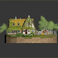 Fairy Tale Cottage Miniature Model With Green Mossy Roof Garden Flowers Trees Pathway And Car