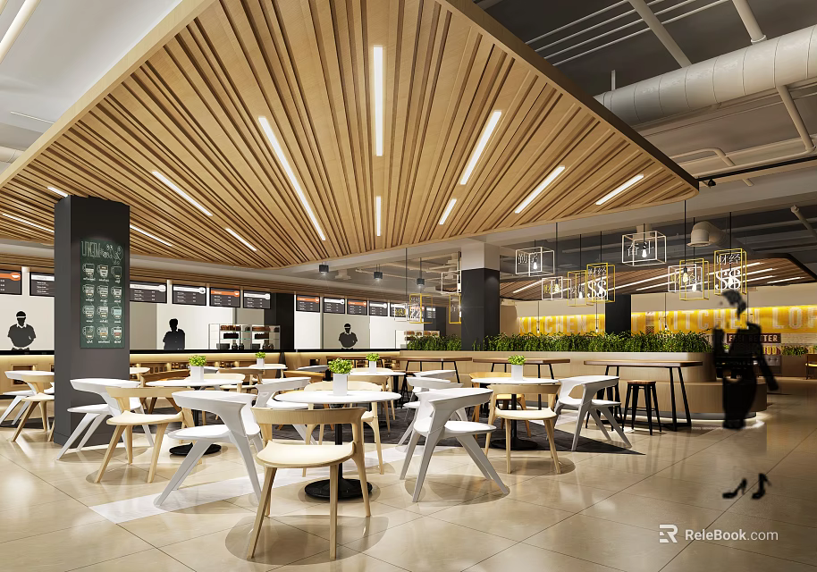 Modern Restaurant Interior With Wooden Ceiling White Tables And Green Plants 3d model 