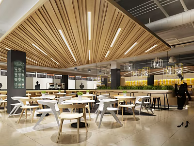 Modern Restaurant Interior With Wooden Ceiling White Tables And Green Plants 3d model