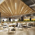 Modern Restaurant Interior With Wooden Ceiling White Tables And Green Plants